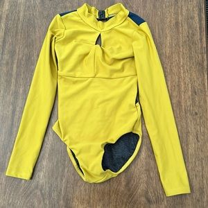 Five Dancewear yellow and blue long sleeve leotard.